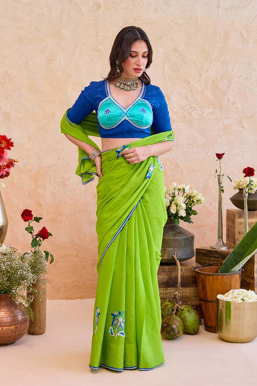 Parijata Green Embroidered Saree With Blue Blouse