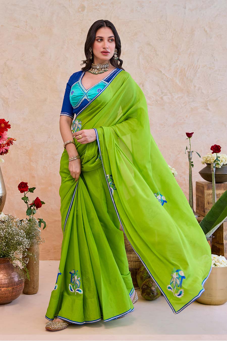 Parijata Green Embroidered Saree With Blue Blouse