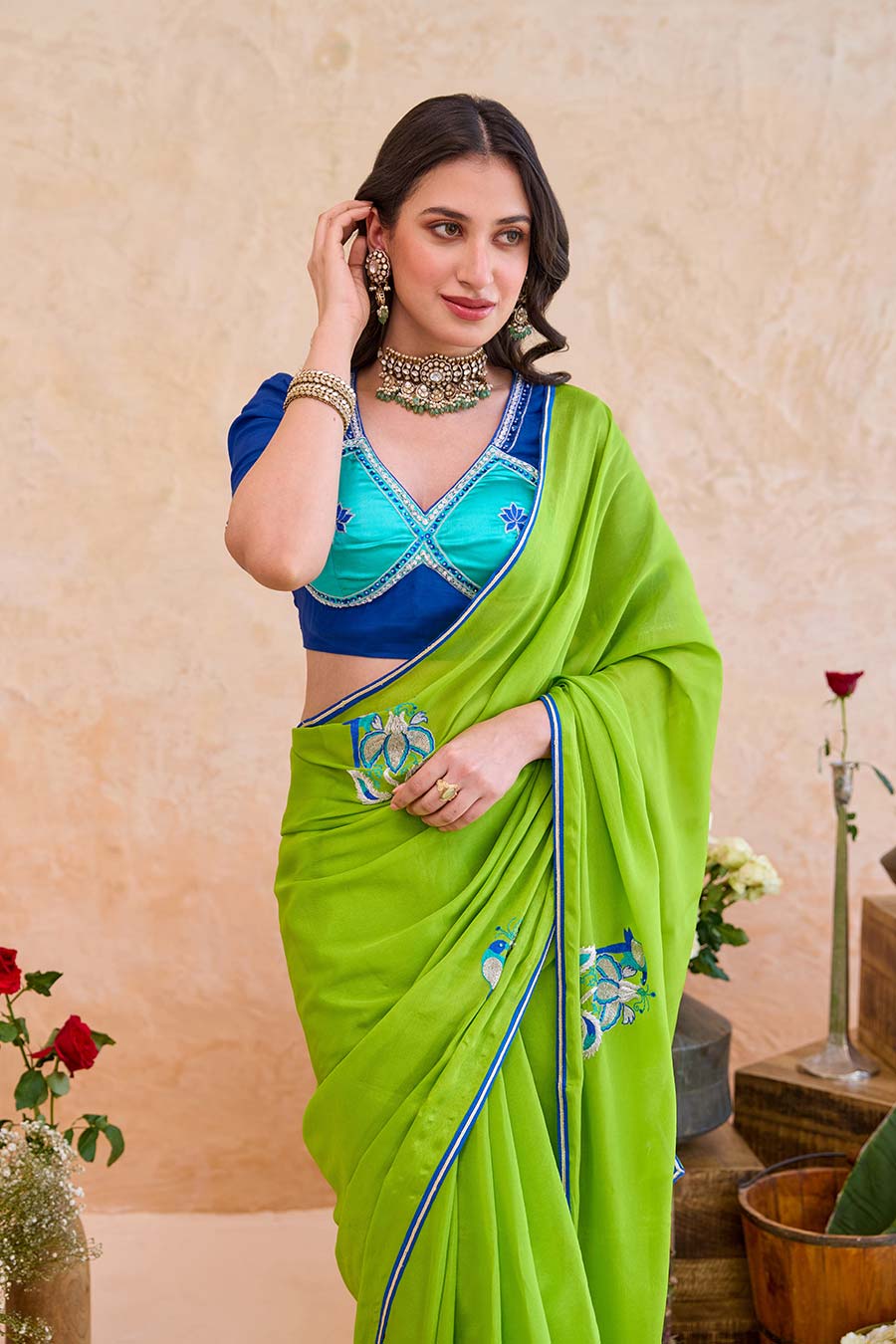 Parijata Green Embroidered Saree With Blue Blouse