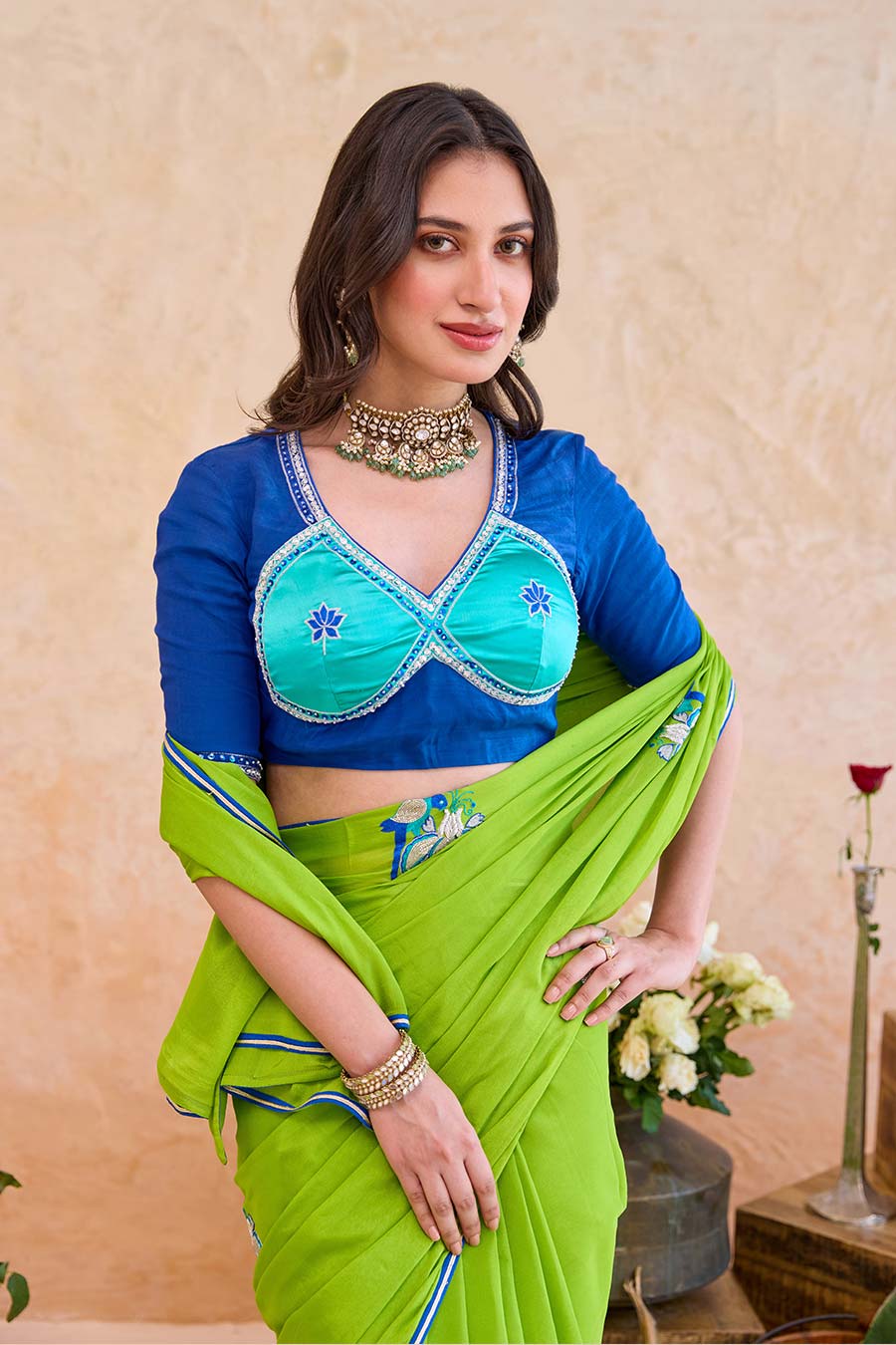Parijata Green Embroidered Saree With Blue Blouse