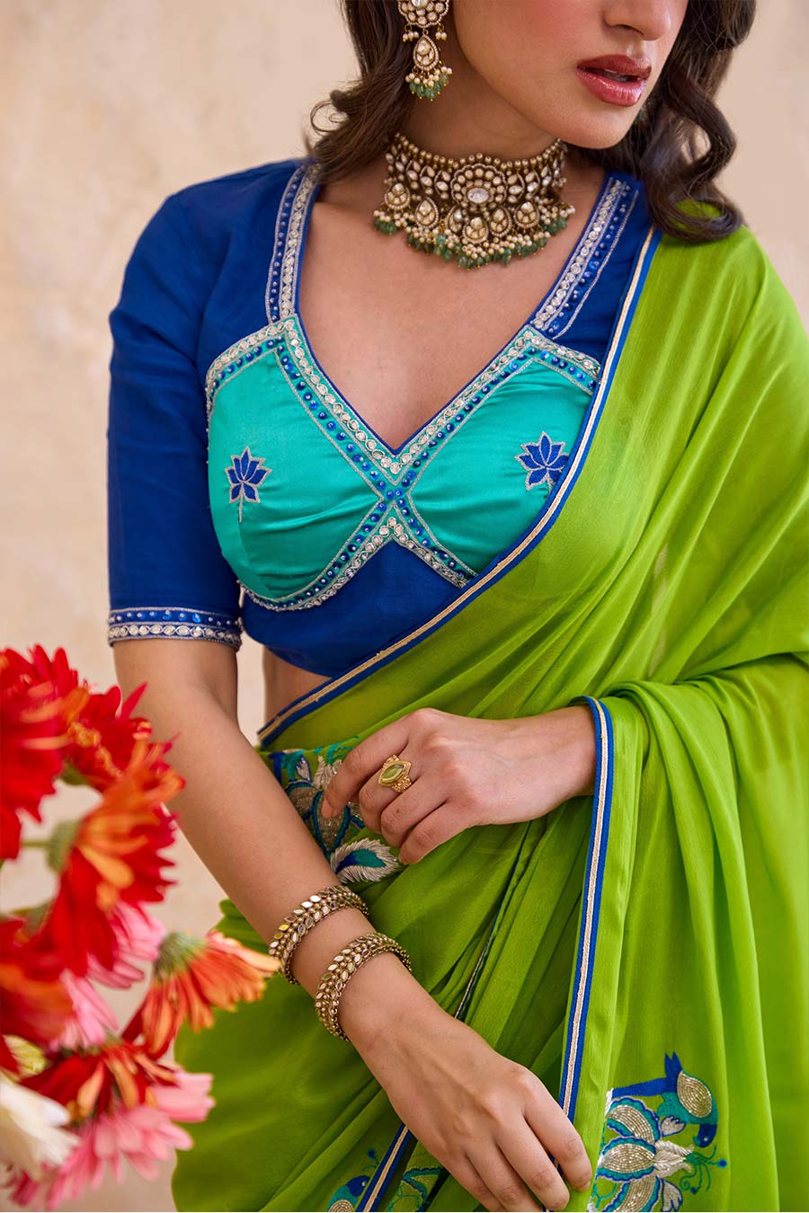 Parijata Green Embroidered Saree With Blue Blouse