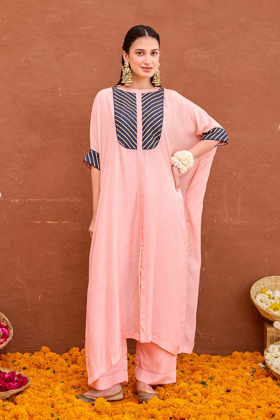 Dhara Peach Gota Embroidered Kaftan Co-Ord Set