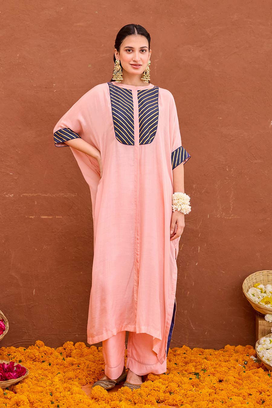 Dhara Peach Gota Embroidered Kaftan Co-Ord Set
