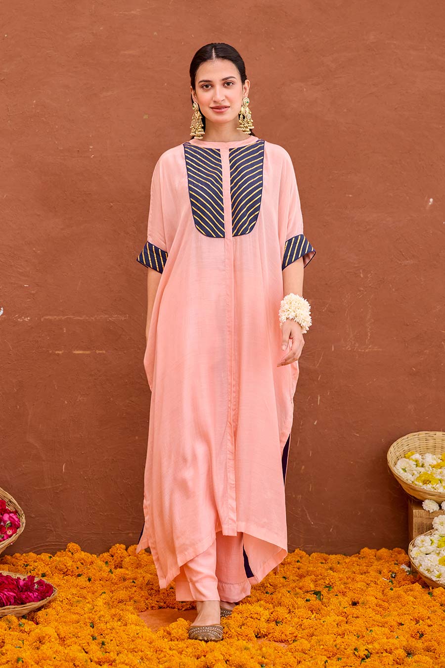 Dhara Peach Gota Embroidered Kaftan Co-Ord Set
