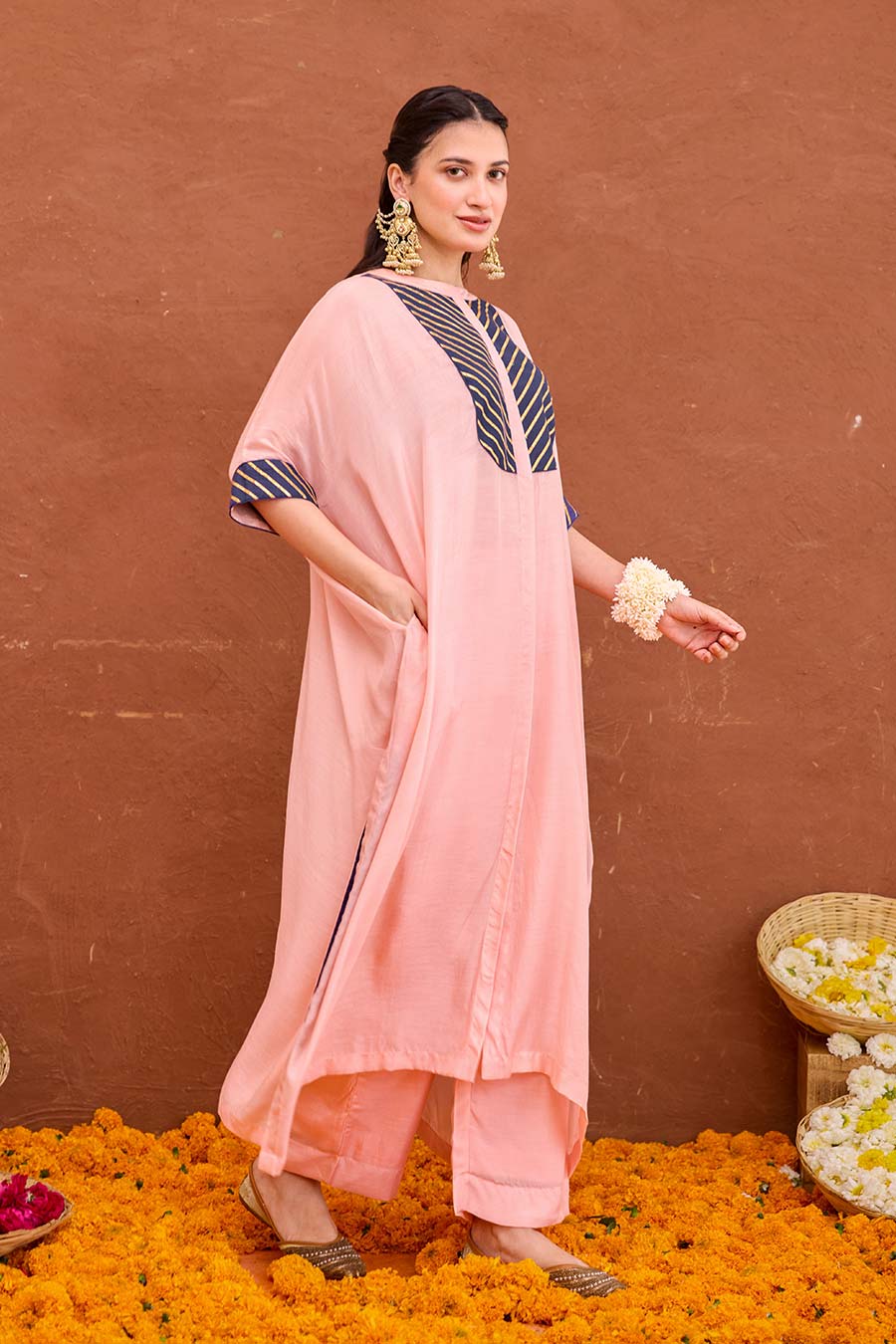 Dhara Peach Gota Embroidered Kaftan Co-Ord Set