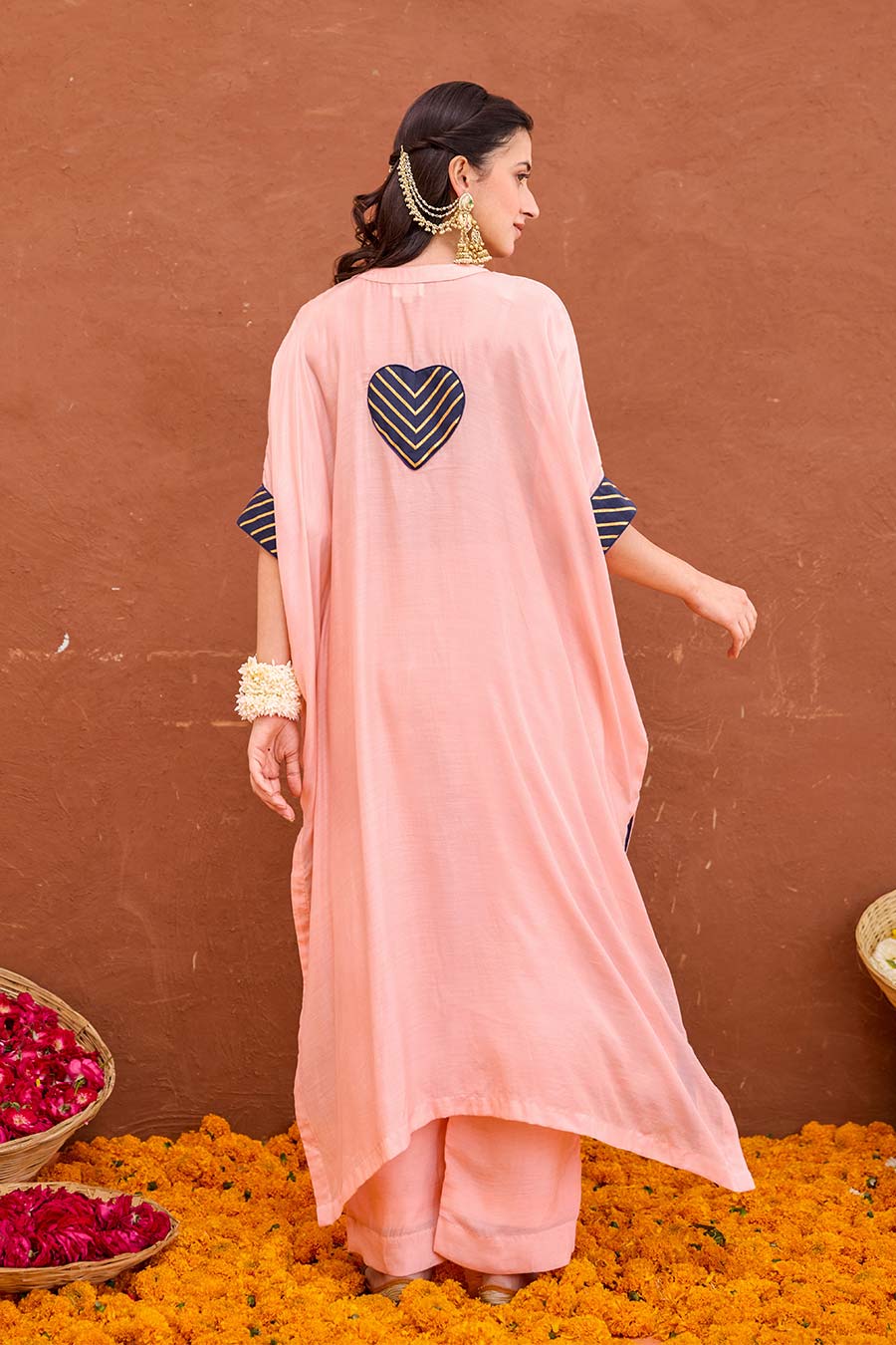 Dhara Peach Gota Embroidered Kaftan Co-Ord Set