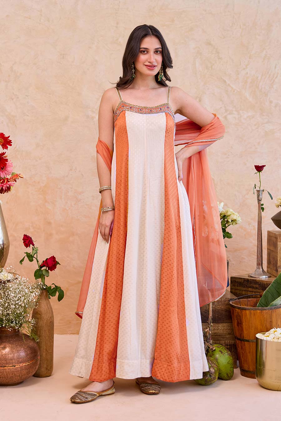 Aarohi Ivory-Rust Embroidered Anarkali Set