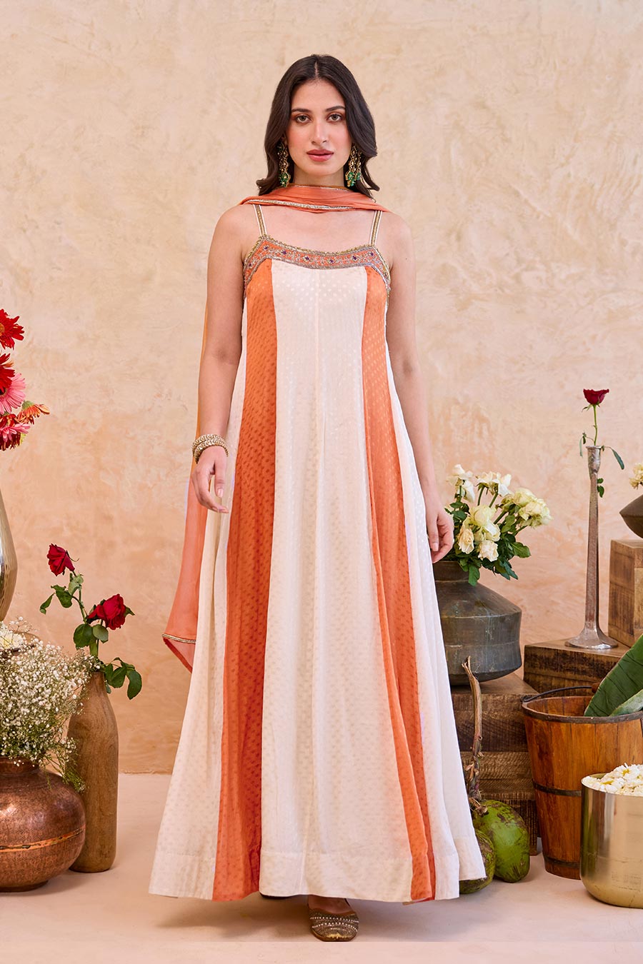 Aarohi Ivory-Rust Embroidered Anarkali Set
