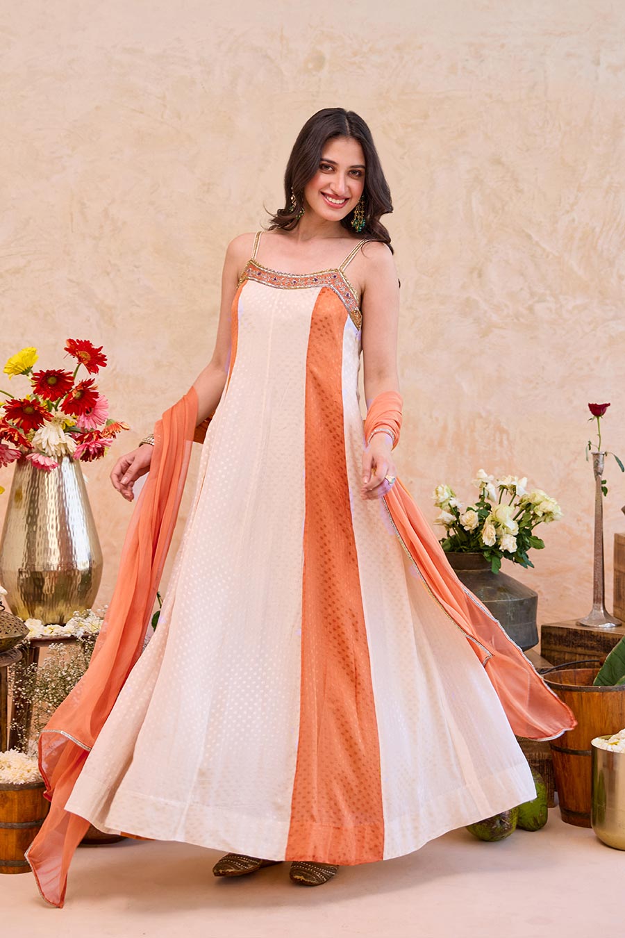 Aarohi Ivory-Rust Embroidered Anarkali Set