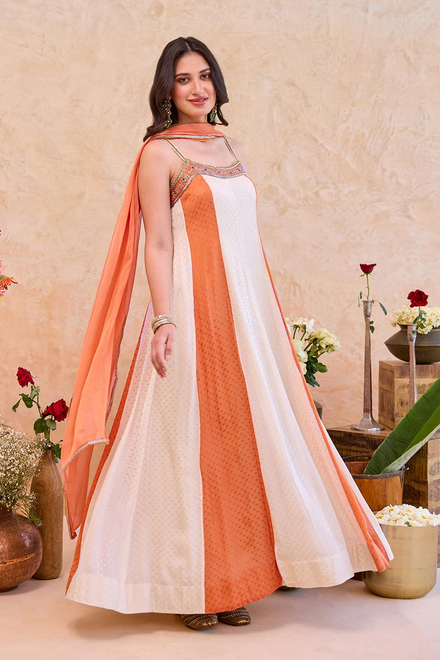 Aarohi Ivory-Rust Embroidered Anarkali Set