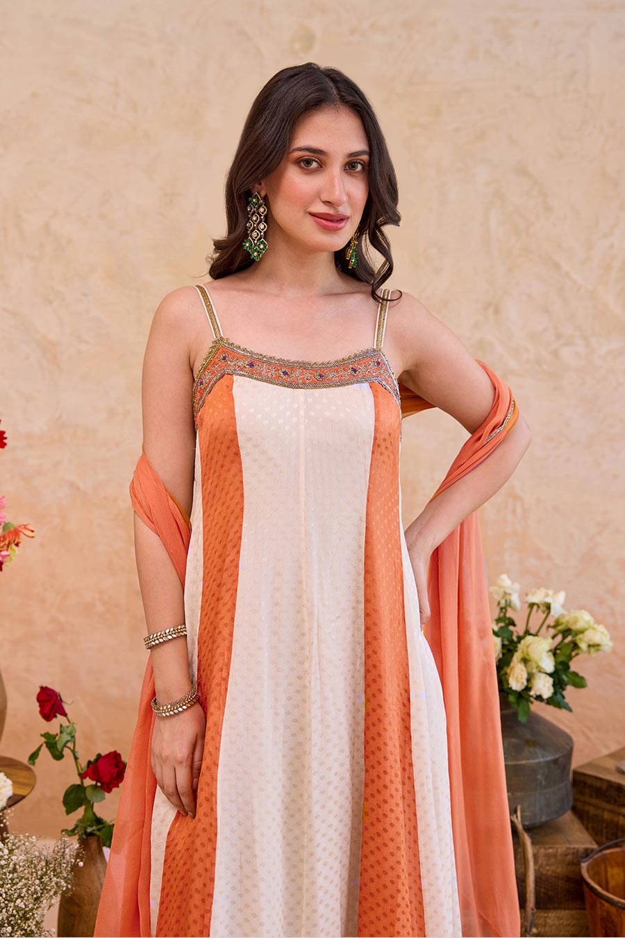 Aarohi Ivory-Rust Embroidered Anarkali Set
