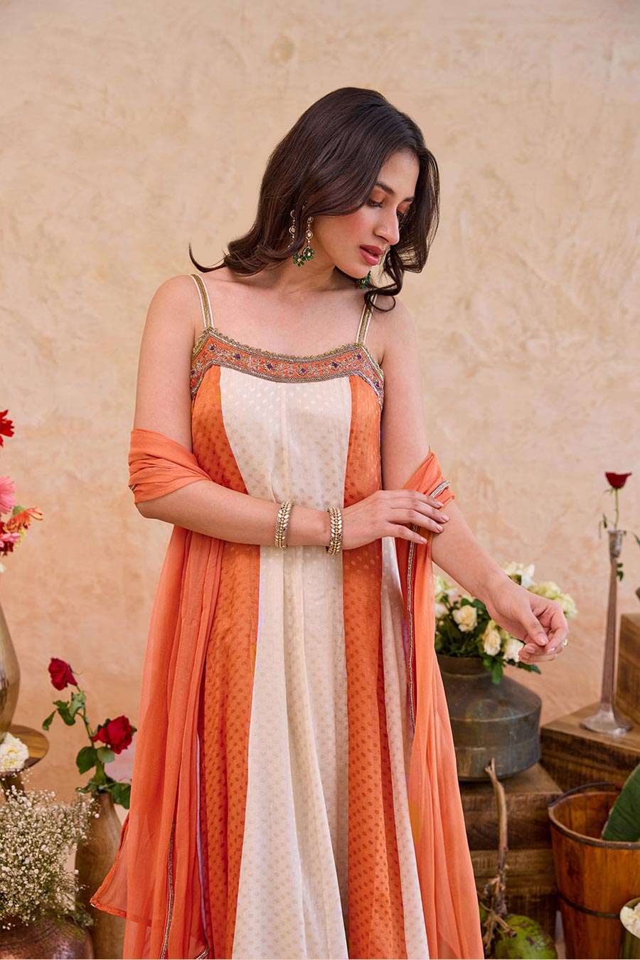 Aarohi Ivory-Rust Embroidered Anarkali Set