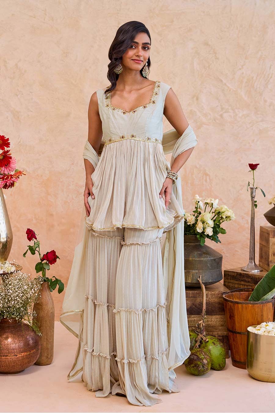 Haya Earthy Beige Embroidered Sharara Set