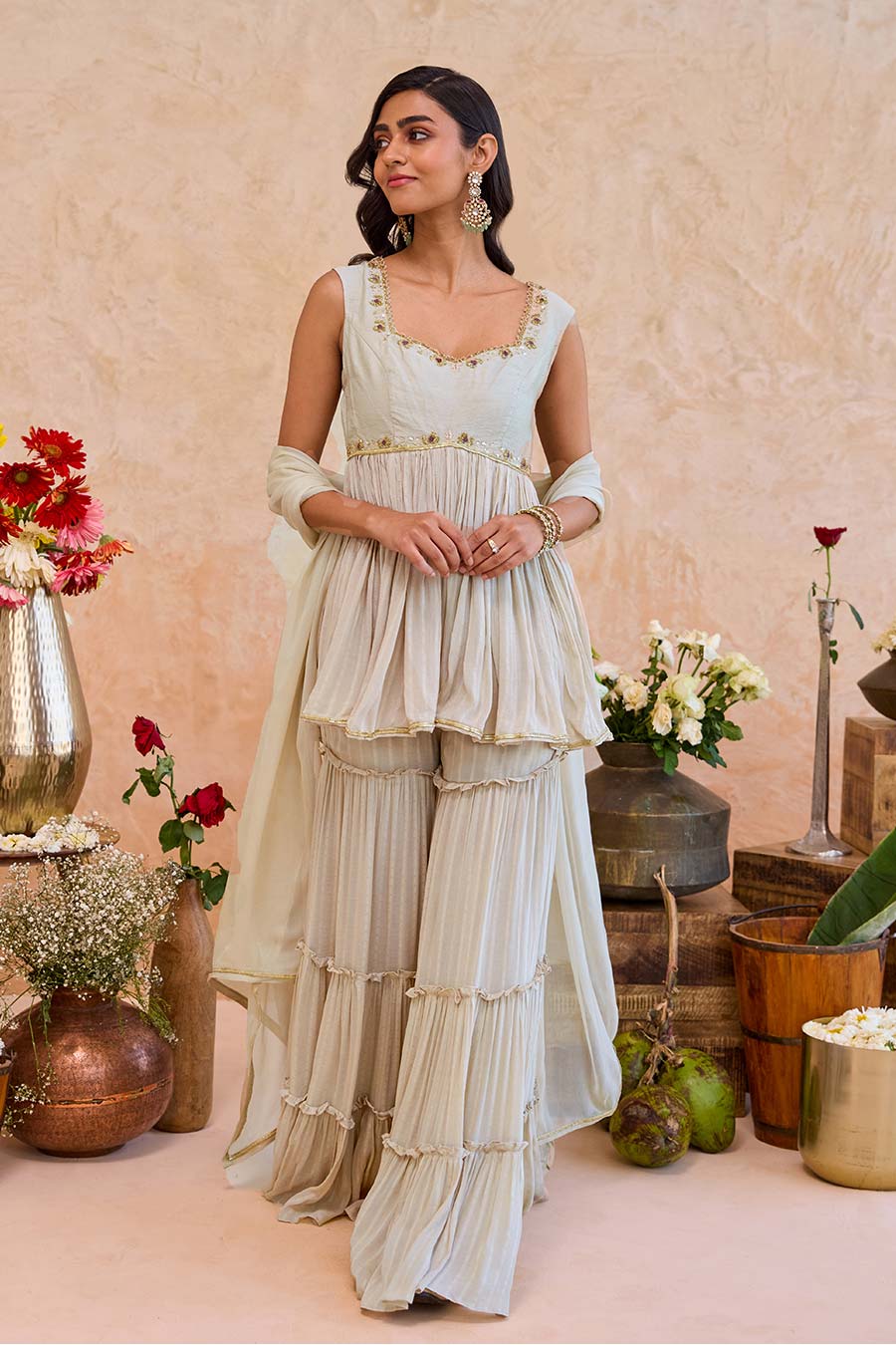 Haya Earthy Beige Embroidered Sharara Set