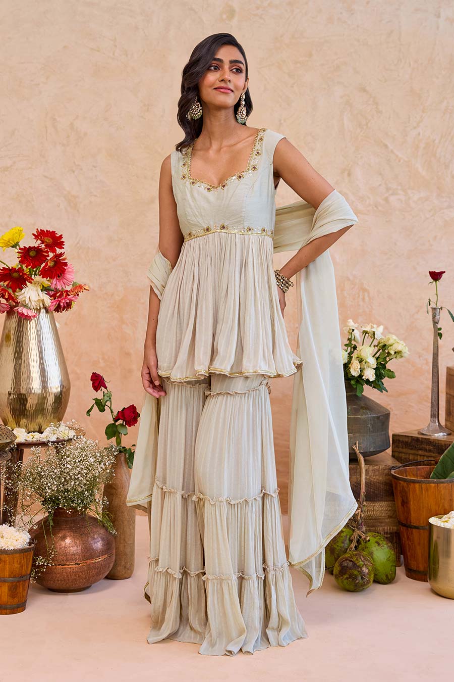 Haya Earthy Beige Embroidered Sharara Set