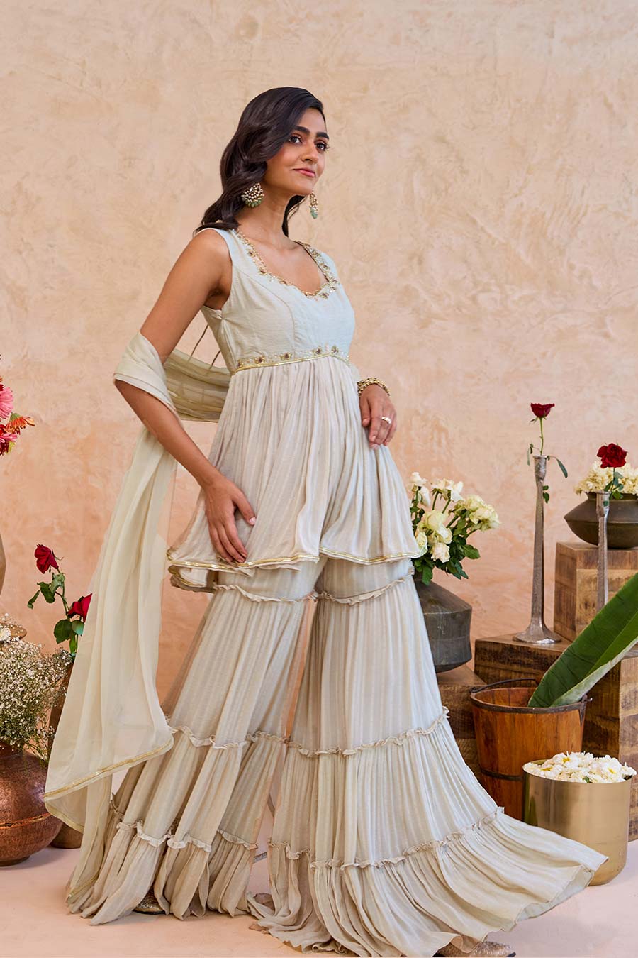 Haya Earthy Beige Embroidered Sharara Set