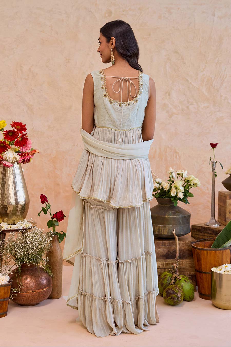 Haya Earthy Beige Embroidered Sharara Set