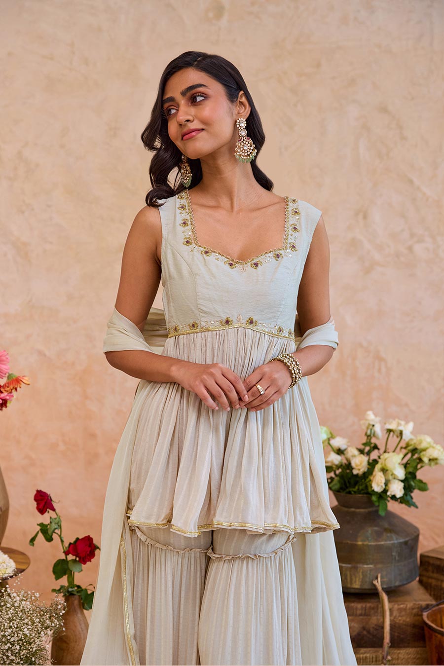 Haya Earthy Beige Embroidered Sharara Set