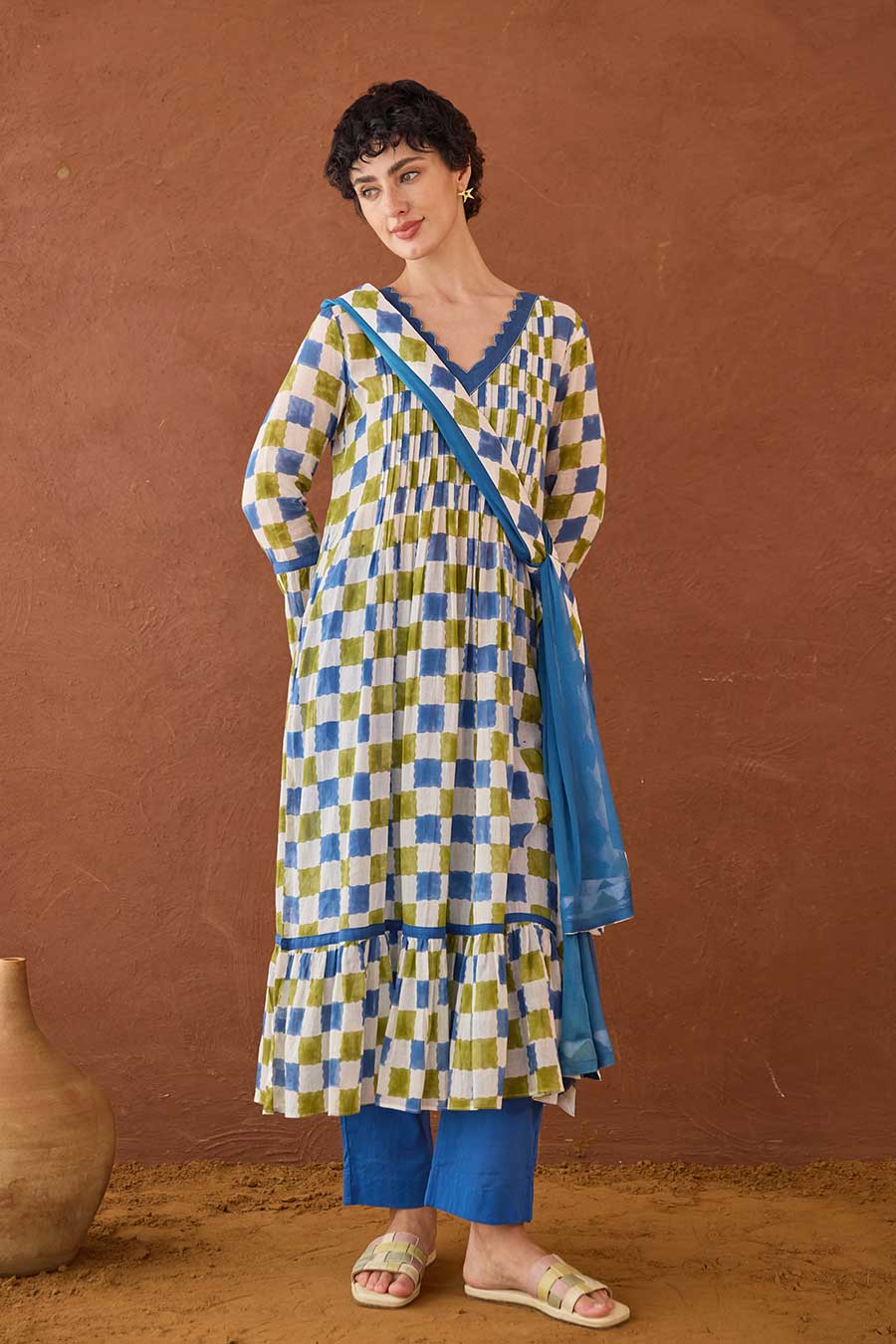 Cloudburst Plaid Blue Handblock Checks Kurta Set