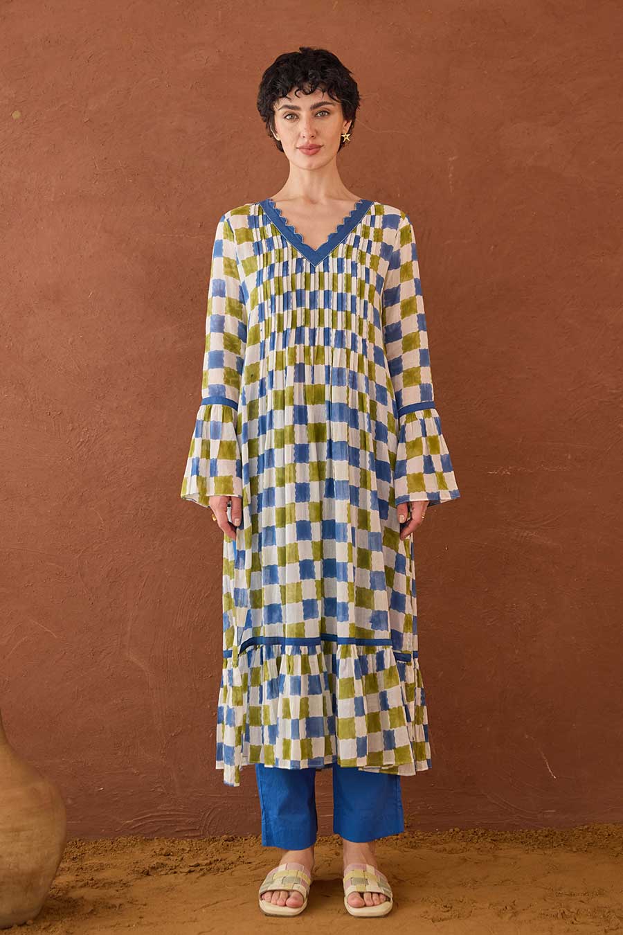 Cloudburst Plaid Blue Handblock Checks Kurta Set