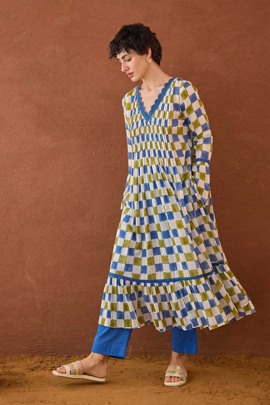 Cloudburst Plaid Blue Handblock Checks Kurta Set