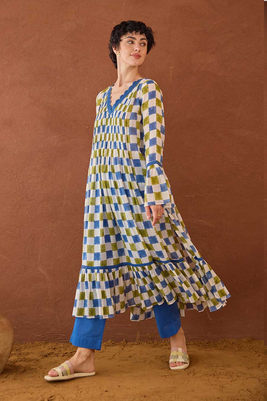Cloudburst Plaid Blue Handblock Checks Kurta Set