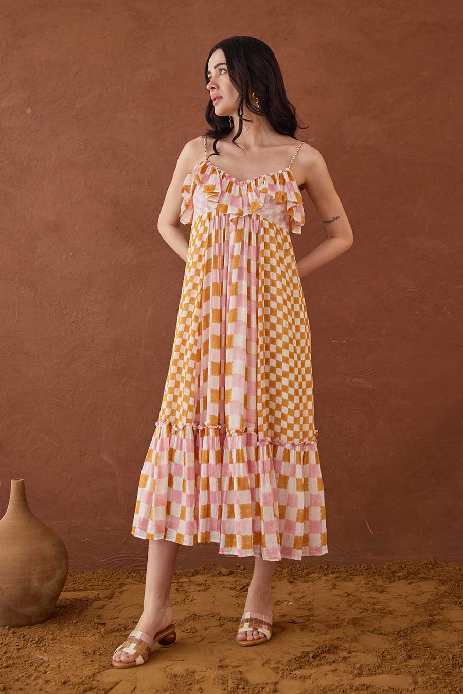 Summer Strokes Handblock Checks Cotton Dress