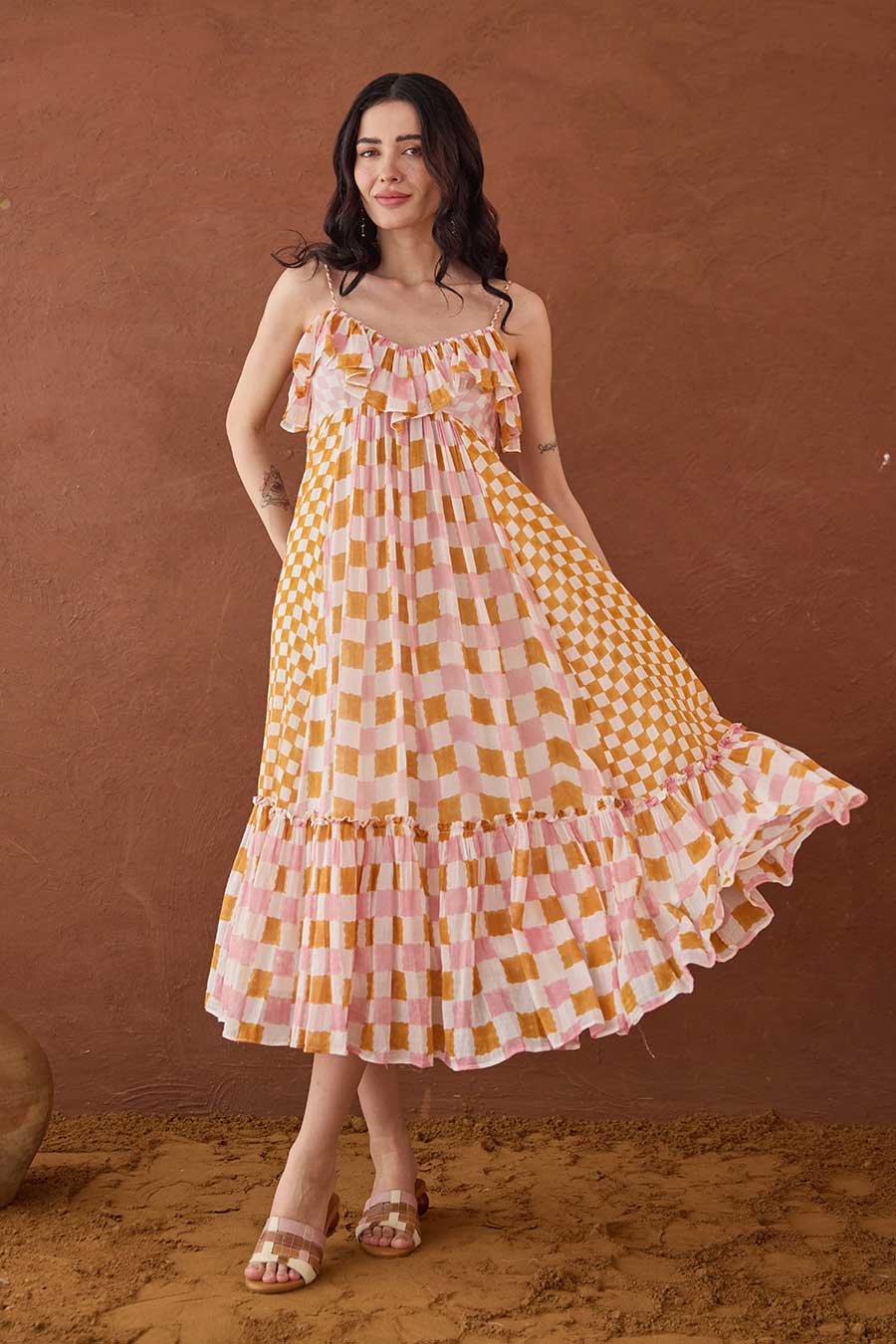 Summer Strokes Handblock Checks Cotton Dress