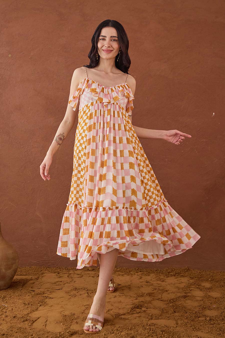 Summer Strokes Handblock Checks Cotton Dress