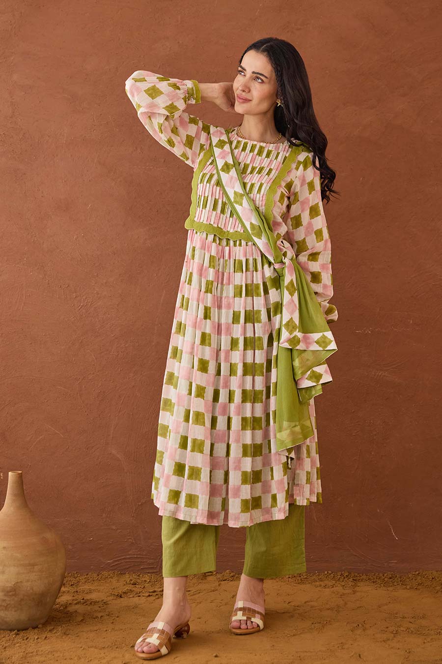 Rosewood Plaid Green Handblock Print Kurta Set
