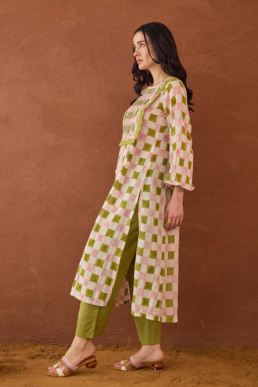 Rosewood Plaid Green Handblock Print Kurta Set