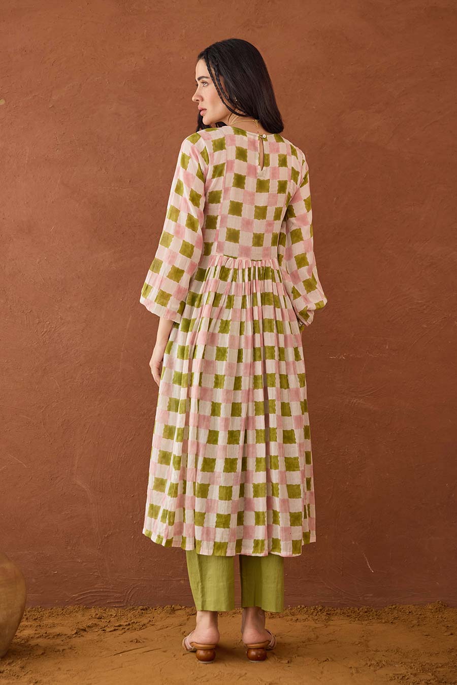 Rosewood Plaid Green Handblock Print Kurta Set