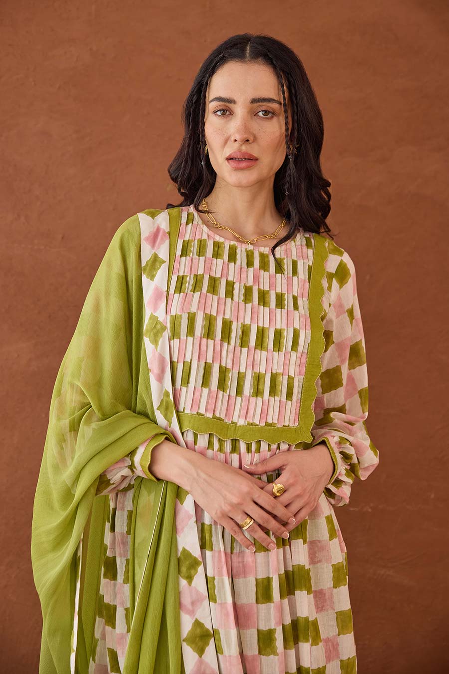 Rosewood Plaid Green Handblock Print Kurta Set