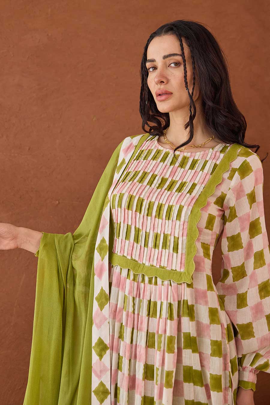 Rosewood Plaid Green Handblock Print Kurta Set