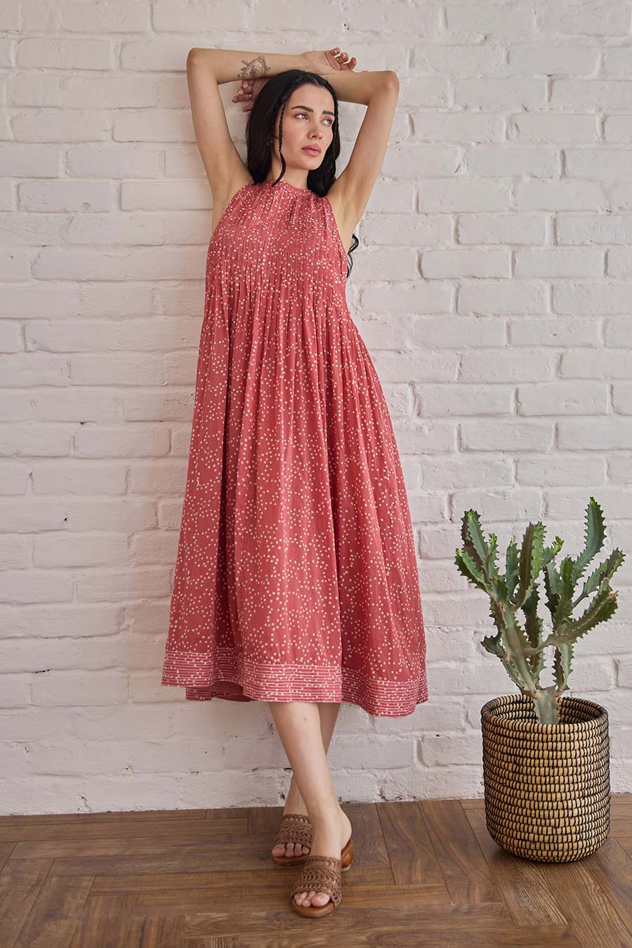 Berry Buds Red Handblock Print Cotton Dress