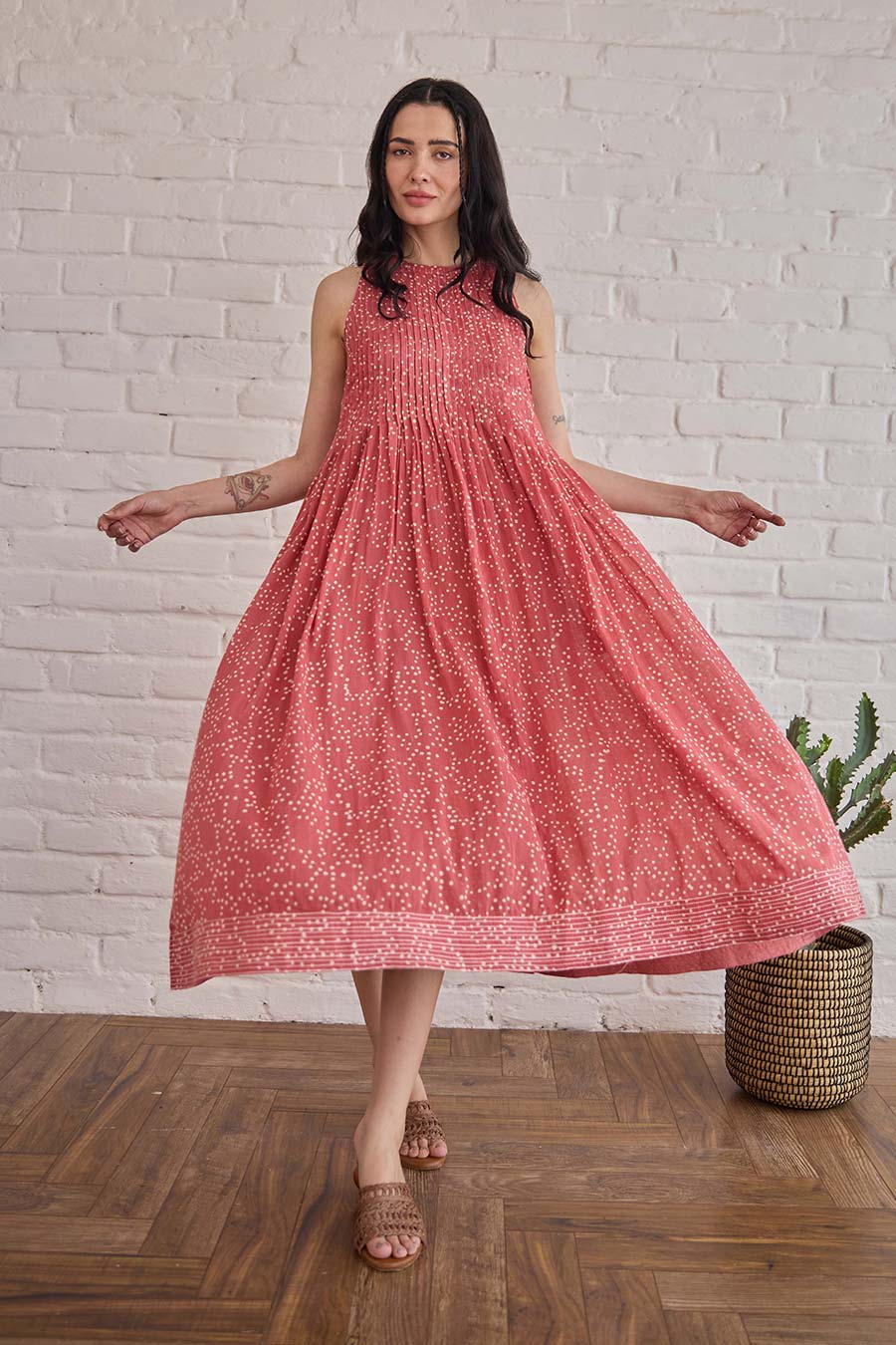 Berry Buds Red Handblock Print Cotton Dress