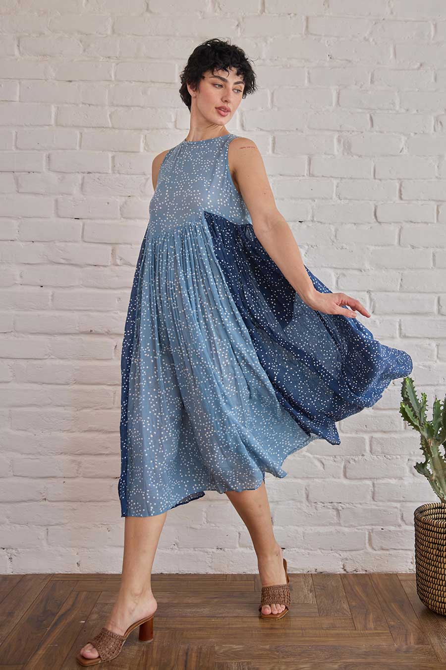 Stormy Blue Handblock Print Cotton Dress