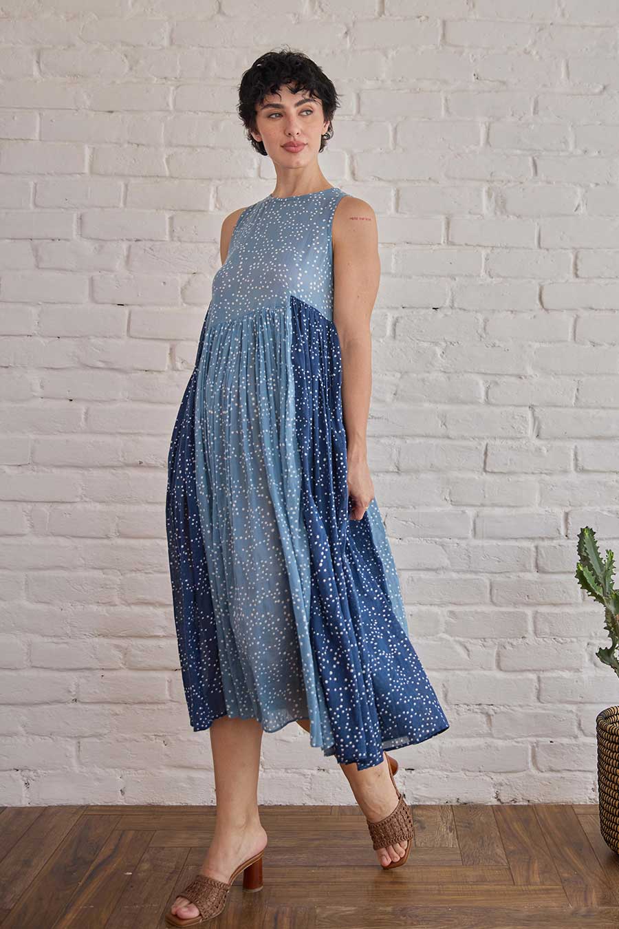 Stormy Blue Handblock Print Cotton Dress