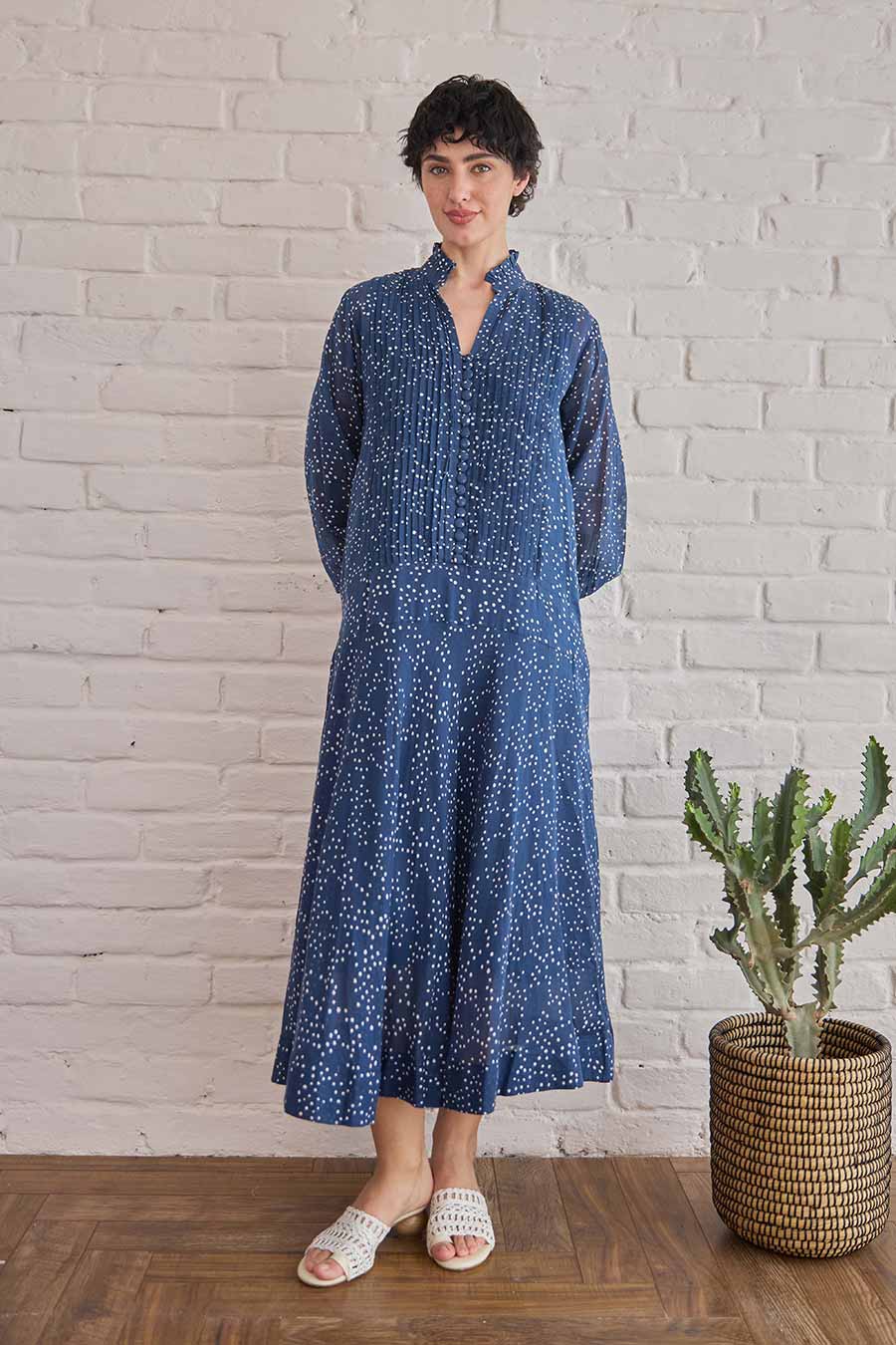 Raindrop Blue Handblock Print Cotton Dress