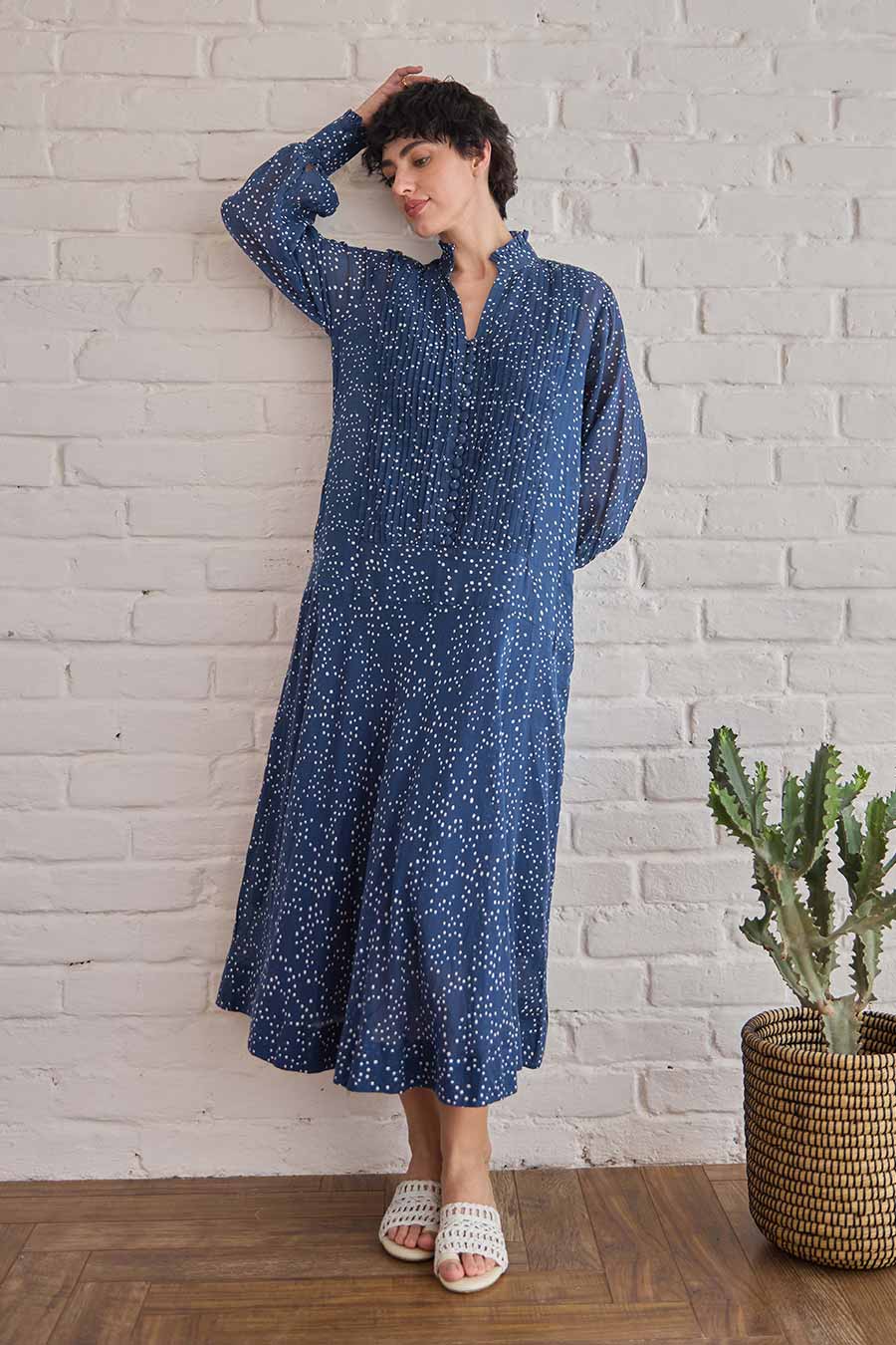 Raindrop Blue Handblock Print Cotton Dress