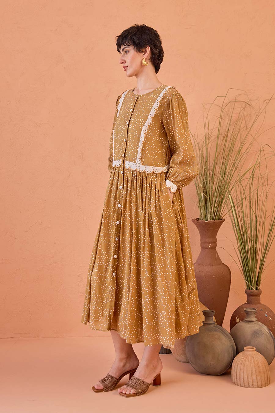 Marigold Breeze Tan Handblock Print Shirt Dress