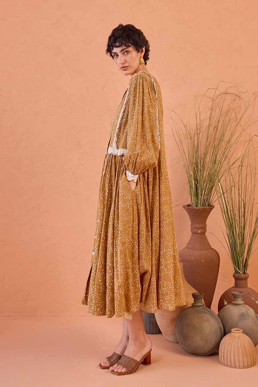 Marigold Breeze Tan Handblock Print Shirt Dress