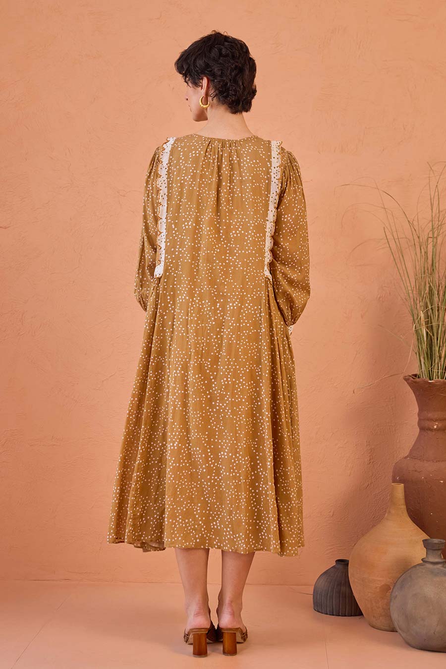 Marigold Breeze Tan Handblock Print Shirt Dress