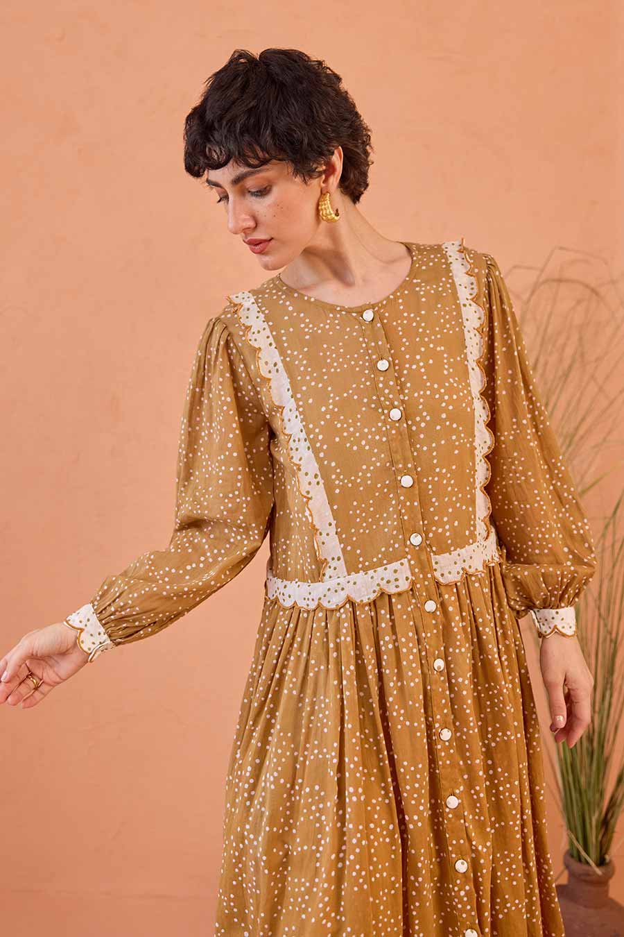 Marigold Breeze Tan Handblock Print Shirt Dress