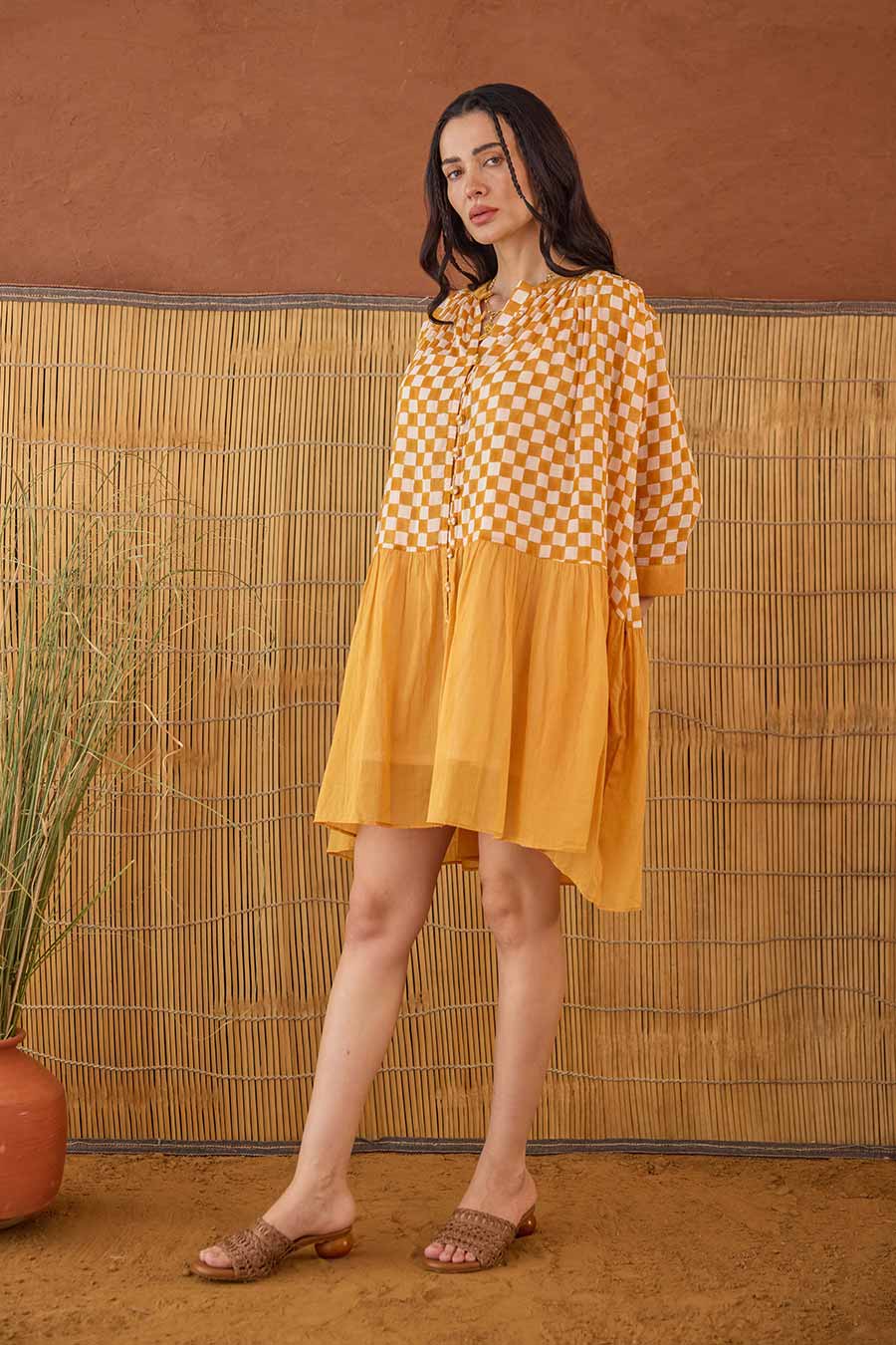 Honey Drift Handblock Print Cotton Shirt Dress