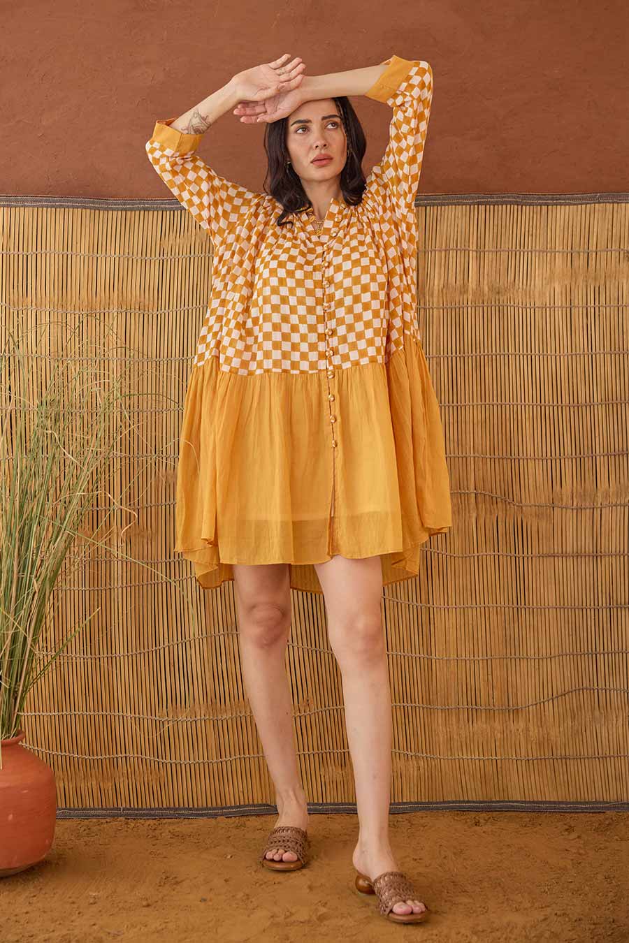 Honey Drift Handblock Print Cotton Shirt Dress