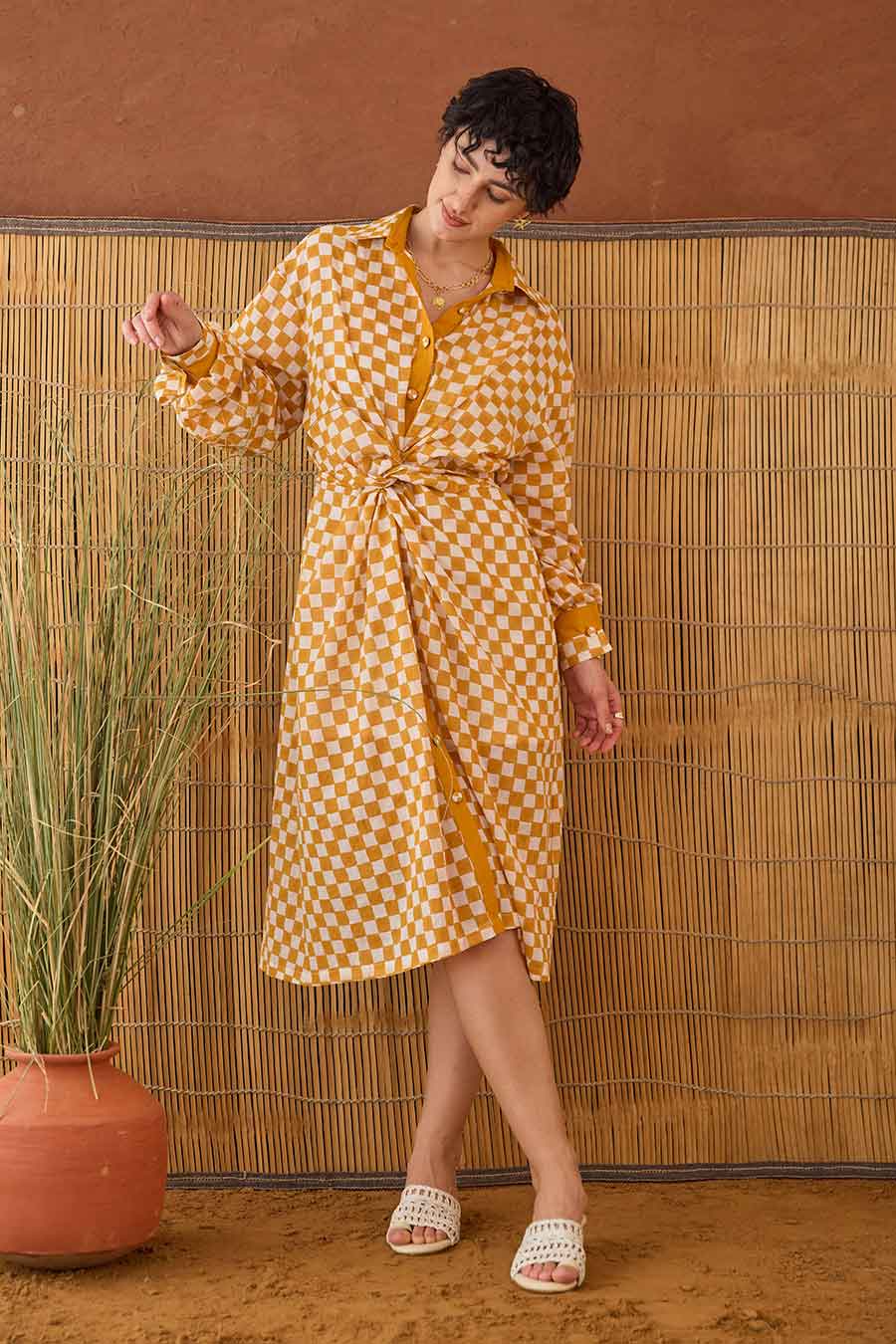 Golden Hour Gingham Handblock Shirt Dress