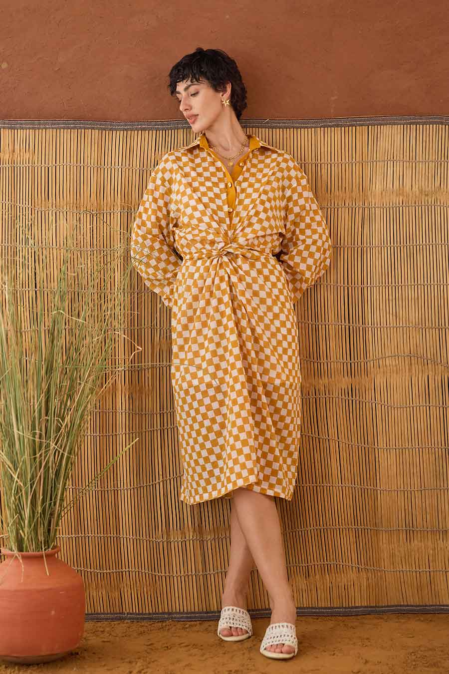 Golden Hour Gingham Handblock Shirt Dress