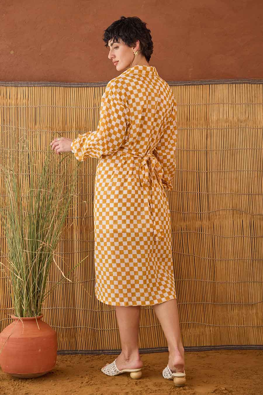 Golden Hour Gingham Handblock Shirt Dress