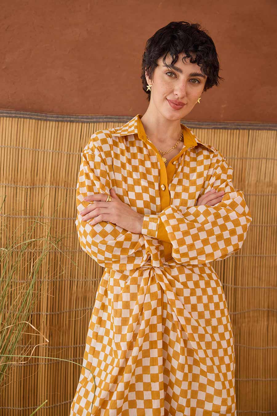 Golden Hour Gingham Handblock Shirt Dress